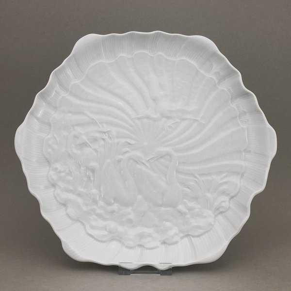 Kuchenschale, sechseckig, Form "Schwanendessin", Weiß, ø 29 cm