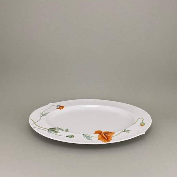 Platte, oval, Form "Wellenspiel Relief",  Blumenmalerei "Wilder Mohn", rot, weißer Rand, L 35 cm