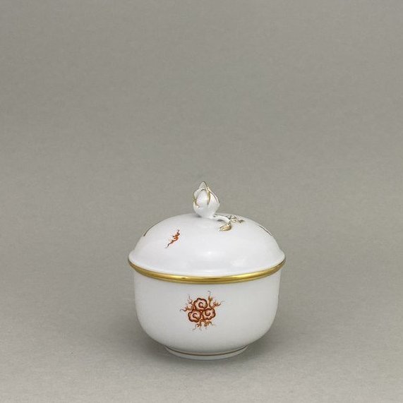 Zuckerdose, Form "Neuer Ausschnitt", Ming-Drache, Dekorelemente, leicht, rot, Goldrand, Ø 9 cm
