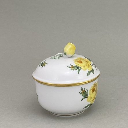 Zuckerdose, Form "Neuer Ausschnitt", Rose Mitte, gelb, Goldrand, Ø 9 cm