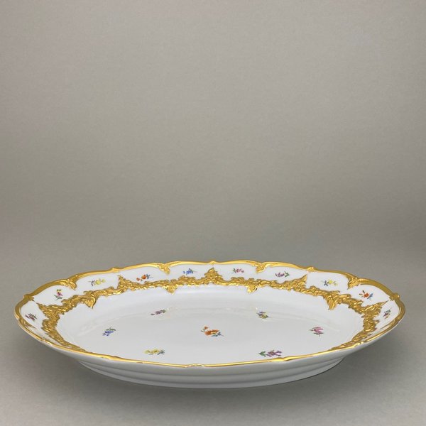 Platte, oval, Form "B-Form", Gestreute Blümchen, bunt, Goldbronze, leicht, L 40 cm