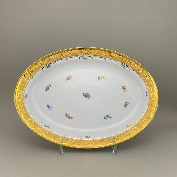 Platte, oval, Form "X-Form", Gestreute Blümchen, bunt, Goldbronze, leicht, L 36 cm