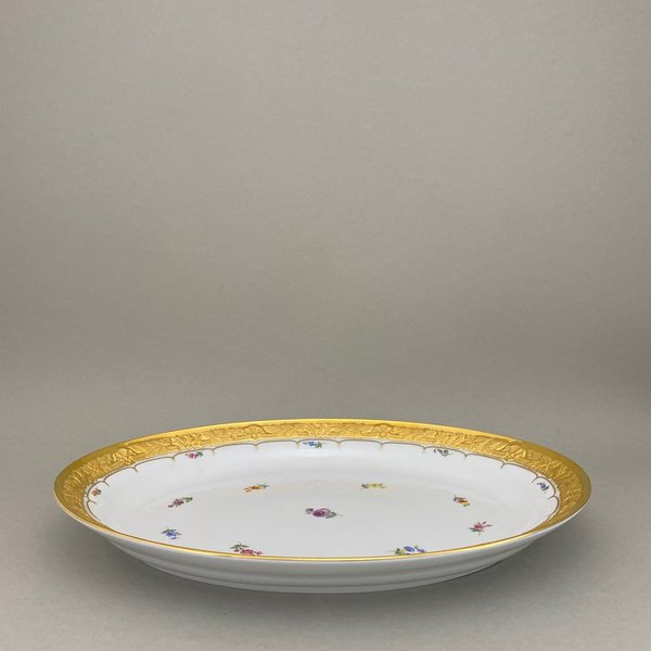 Platte, oval, Form "X-Form", Gestreute Blümchen, bunt, Goldbronze, leicht, L 36 cm